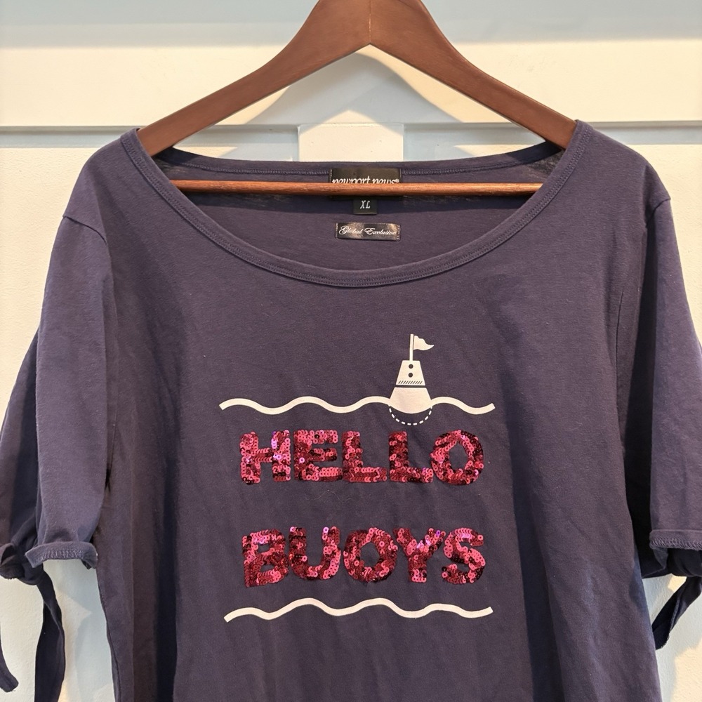 Nautical Lighthouse Top XL Navy Sequins Hello Buoys Sailor Boating Beach Resort - Picture 4 of 13